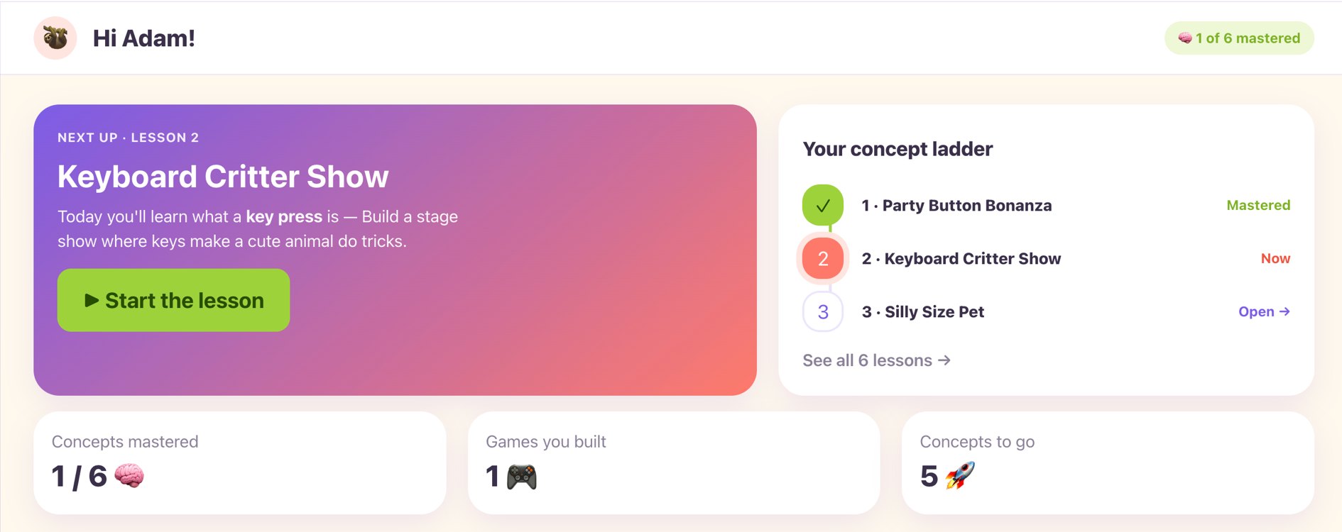 A kid's Today screen — the next lesson, the concept ladder, and progress
